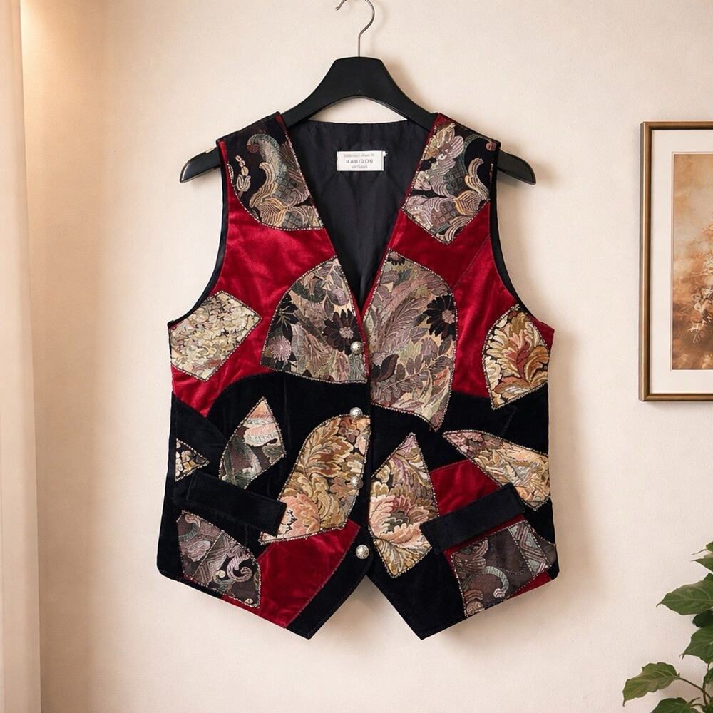 Vintage Maribou London Patchwork Tapestry Velvet Vest Womens Small